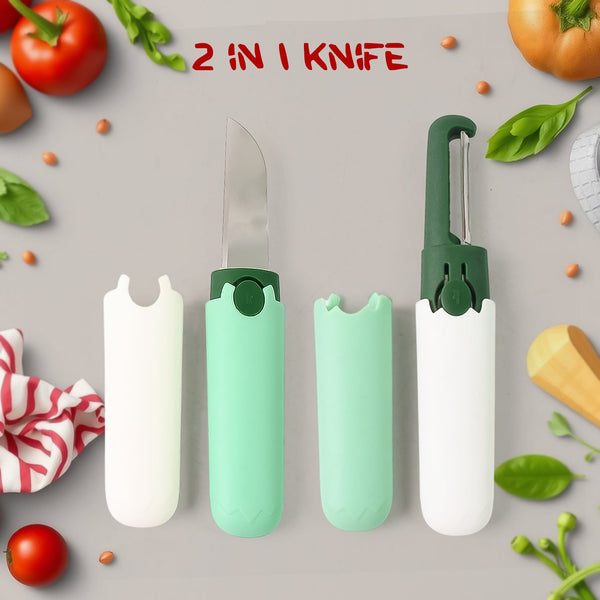 2 in 1 Knife, Multifunctional peeler Two in one fruit knife, fruit and vegetable cutting knife+sawtooth peeler, apple, carrot, potato, fruit slice antiskid