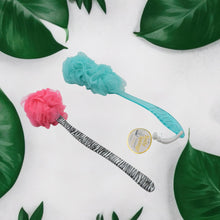 Long handle bath scrubber with puff for body exfoliation