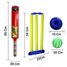 Various views of plastic cricket set with included equipment